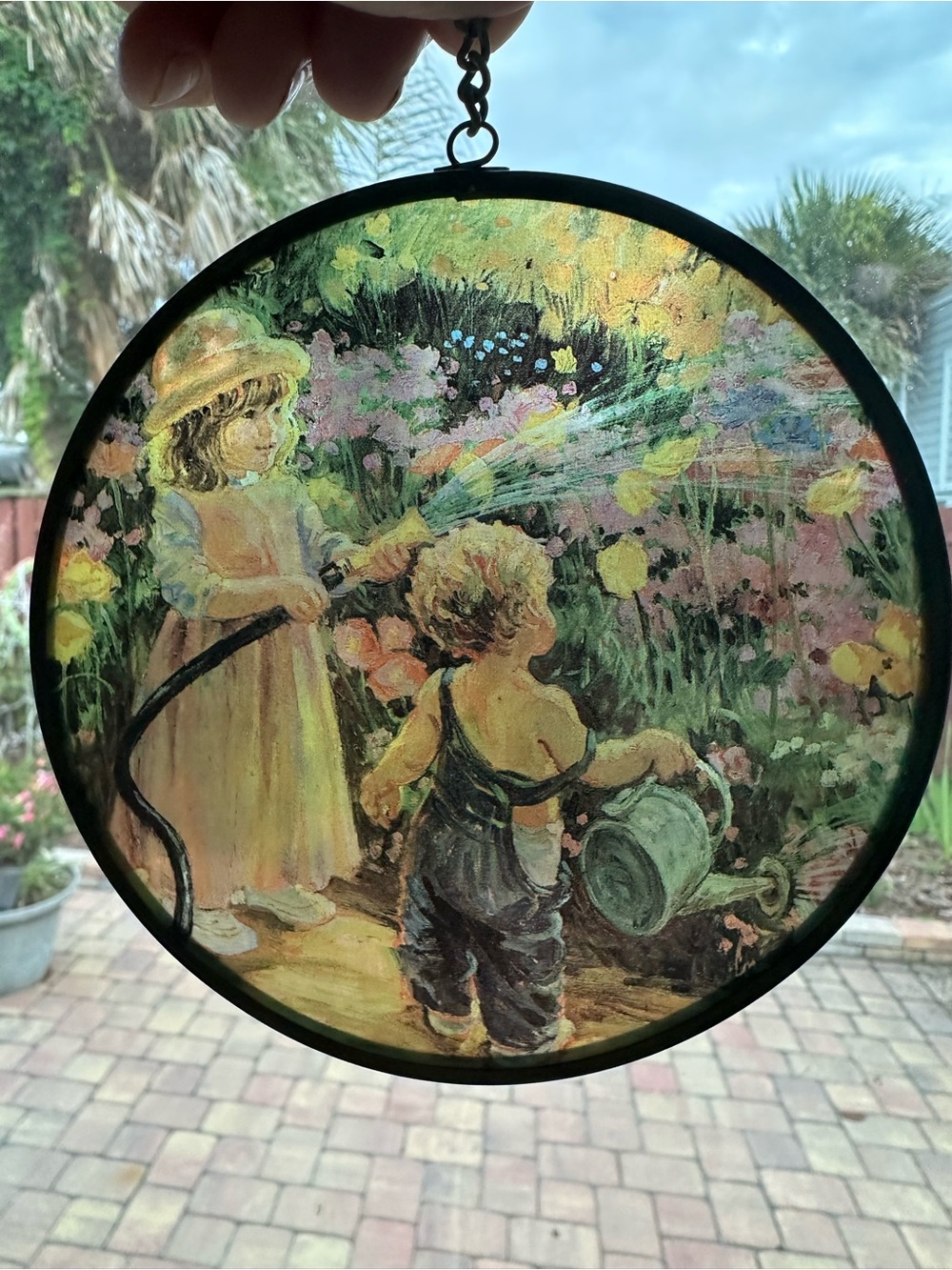 Vintage-Style Suncatcher “ Children watering in Flower Garden”